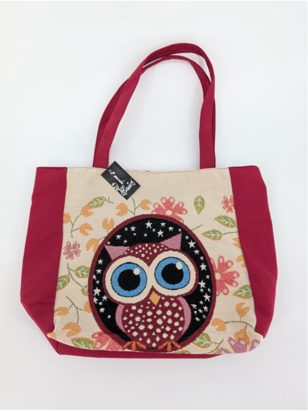 2 Moda Owl Tote Bag NWT Red Tapestry Canvas Floral Folk Art Teacher Bookish Bag